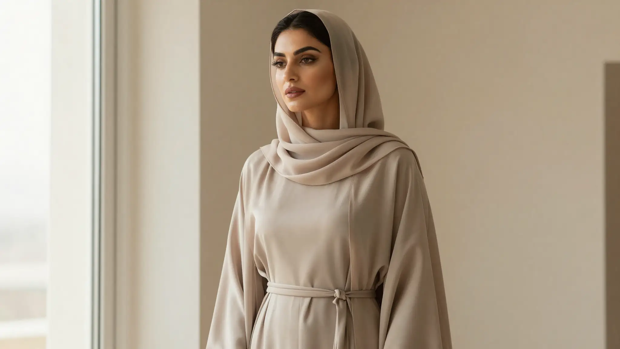 امرأة أنيقة بإطلالة عصرية راقية بألوان محايدة في ديكور فاخر بسيط تجسّد الأناقة والذوق الرفيع